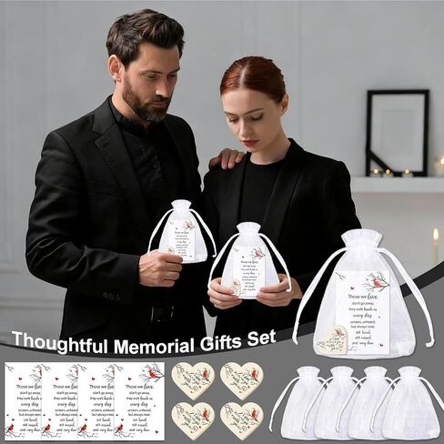 100 Sets Funeral Favors for Guests - Celebration of Life Memorial Gifts with Wooden Heart Keepsake, Prayer Cards & Organza bags for Memorial Service, Funeral Reception, Sympathy Decorations in Saudi Arabia
