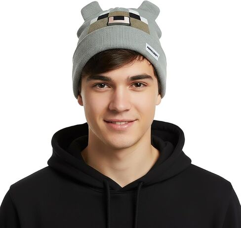 Minecraft Beanie Pale Wolf Pixel Design Cuffed Knit Hat with 3D Ears in Kuwait