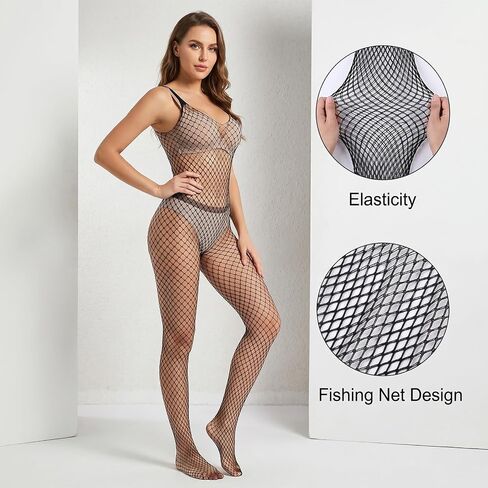 2Pcs Fishnet Mesh Bodystockings for Women Black Mesh Lingerie | Attached Bodystockings, Long Sleeve Bodysuit, Nightwear Outfit for Adult Female Wearers, Daily Wear Leisure, Sleep Matching in Kuwait