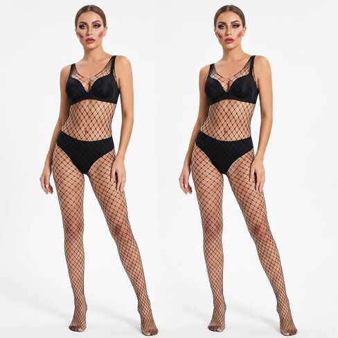 2Pcs Fishnet Mesh Bodystockings for Women Black Mesh Lingerie | Attached Bodystockings, Long Sleeve Bodysuit, Nightwear Outfit for Adult Female Wearers, Daily Wear Leisure, Sleep Matching in Kuwait