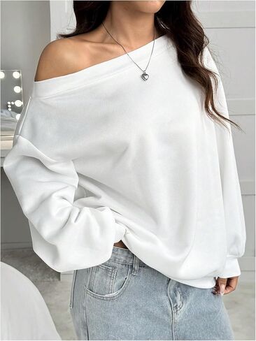 سويت شيرت نسائي بدون أكتاف من MakeMeChic، سويت شيرت كبير الحجم بأكمام طويلة in Kuwait