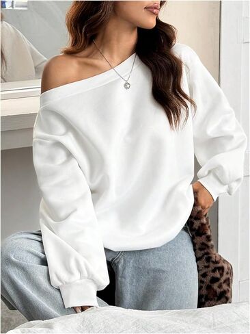 سويت شيرت نسائي بدون أكتاف من MakeMeChic، سويت شيرت كبير الحجم بأكمام طويلة in Kuwait