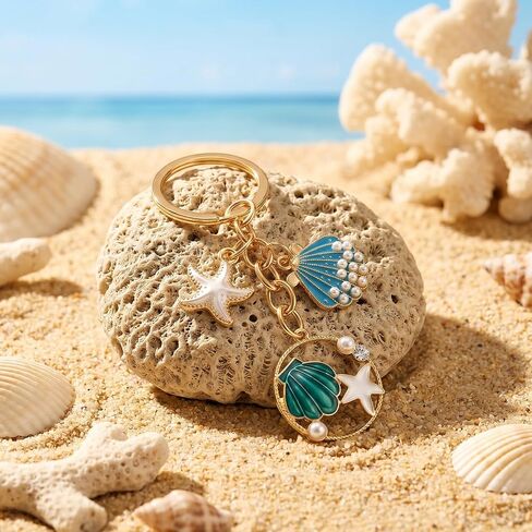 1PCS Ocean Beach Keychain, Durable & Lightweight Bag Charm Keychain with Blue Starfish Shell Pendant for Purse Backpack Summer Gift in Saudi Arabia