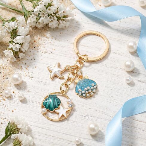 1PCS Ocean Beach Keychain, Durable & Lightweight Bag Charm Keychain with Blue Starfish Shell Pendant for Purse Backpack Summer Gift in Saudi Arabia