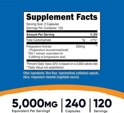 Nutricost Polypodium Leucotomos Extract 240 كبسولة لـ 120 حصة - نباتية، خالية من الكائنات المعدلة وراثيًا، خالية من الغلوتين in Kuwait