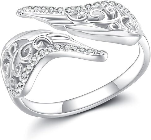 URONE Angel Wings Ring 925 فضة تخريمية أجنحة قابل للتعديل زاوية حلقة مجوهرات هدية للنساء in Kuwait