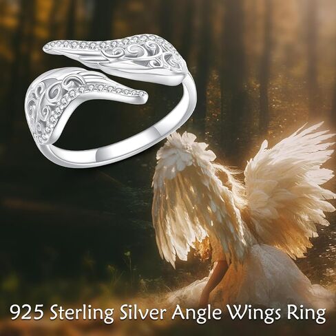 URONE Angel Wings Ring 925 فضة تخريمية أجنحة قابل للتعديل زاوية حلقة مجوهرات هدية للنساء in Kuwait