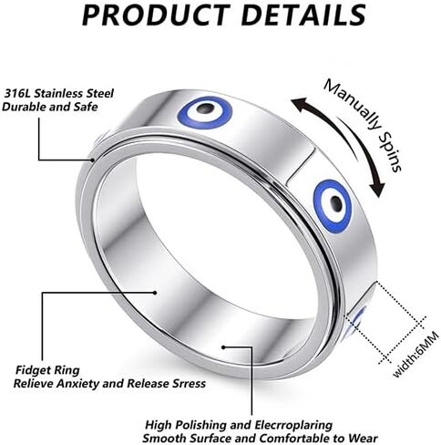Evil Eye Fidget Ring for Women Men 18K Gold Plated, Anxiety Relief Spinner Ring Luck Charm Jewelry Gift, Size 6-10 in Kuwait
