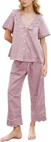 Kissonic Womens Gingham Pajama Set Cute Cotton Ruffle Pajamas Cozy Plaid Y2K Pjs Babydoll Sleepwear(Red-M) in Saudi Arabia