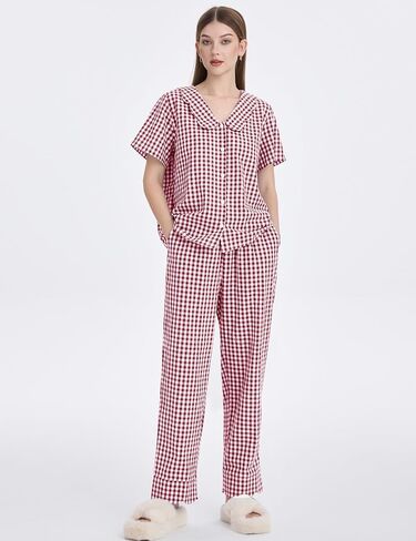 Kissonic Womens Gingham Pajama Set Cute Cotton Ruffle Pajamas Cozy Plaid Y2K Pjs Babydoll Sleepwear(Red-M) in Saudi Arabia