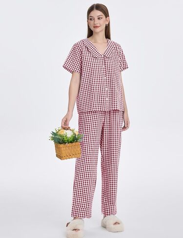 Kissonic Womens Gingham Pajama Set Cute Cotton Ruffle Pajamas Cozy Plaid Y2K Pjs Babydoll Sleepwear(Red-M) in Saudi Arabia
