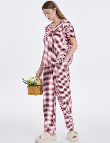 Kissonic Womens Gingham Pajama Set Cute Cotton Ruffle Pajamas Cozy Plaid Y2K Pjs Babydoll Sleepwear(Red-M) in Saudi Arabia