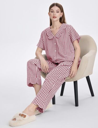 Kissonic Womens Gingham Pajama Set Cute Cotton Ruffle Pajamas Cozy Plaid Y2K Pjs Babydoll Sleepwear(Red-M) in Saudi Arabia
