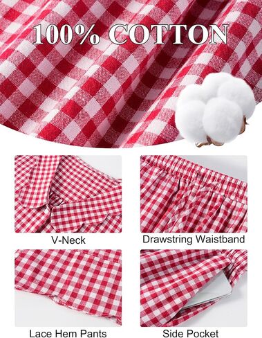 Kissonic Womens Gingham Pajama Set Cute Cotton Ruffle Pajamas Cozy Plaid Y2K Pjs Babydoll Sleepwear(Red-M) in Saudi Arabia