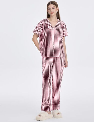 Kissonic Womens Gingham Pajama Set Cute Cotton Ruffle Pajamas Cozy Plaid Y2K Pjs Babydoll Sleepwear(Red-M) in Saudi Arabia