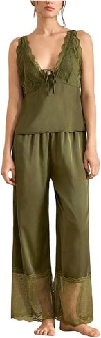 RoseSeek Women's 2 Piece Pajama Sets Lace Cami Tops and Sheer Mesh Patchwork Pants Sleepwear in Kuwait