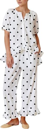 Yimoon Womens Polka Dot Pajama Set Cotton Babydoll Shirt Pants Lounge Sets in Kuwait