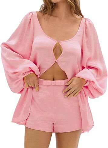 XBTCLXEBCO Satin Pajama Set for Women Elegant Puff Long Sleeve Button Loose Shirt and Shorts 2 Piece Pj Sets Lounge Sleepwear in Saudi Arabia