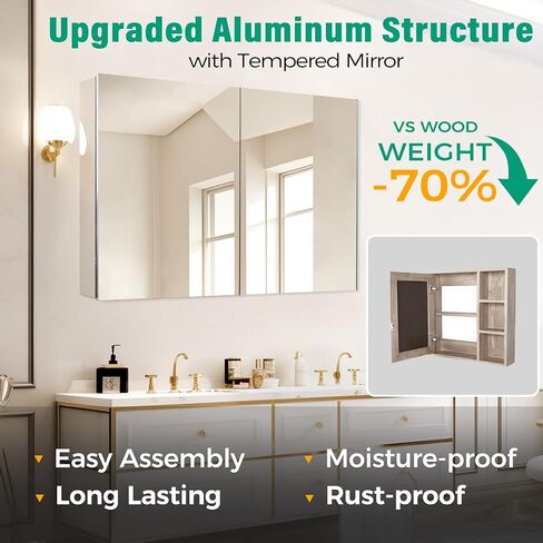 20 x 26 in Medicine Cabinet Mirror,Bathroom Mirror Cabinet with Adjustable Shelves,Aluminum Silver Medicine Cabinets for Bathroom,Recessed or Wall Mounted Medicine Cabinets（Assembly Required in Saudi Arabia