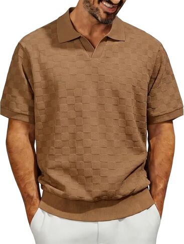 Mens Short Sleeve Shirt Casual Knit Collar Summer Checker Textured Tee Golf Resort Business Top for Casual Wear in Kuwait