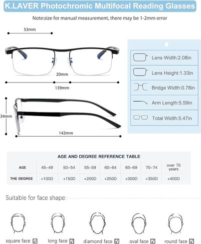 K.LAVER Progressive Photochromice Reading Glasses For Men Women,Multifocal Transition Computer Glasses Anti UV/Blue Light in Saudi Arabia