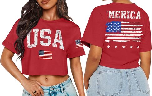 For G and PL Women's 4th of July Patriotic USA Stars Stripes Short Sleeve Crop Top in Kuwait