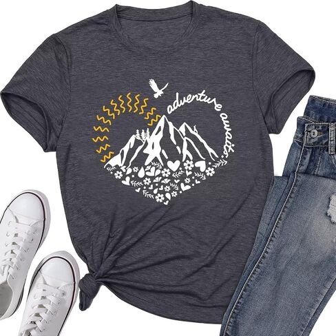 Graphic Tees for Women Adventure Awaits Outdoor Shirt Kindness Heart Printed Hike Mountain Nature Travel Workout Tops in Saudi Arabia