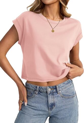 EasyGala المرأة القطن المحاصيل القمم Crewneck كاب كم تي شيرت يشبه الصندوق فضفاضة تناسب قصيرة الأكمام المحملة ملابس الصيف الأساسية 2026 in Kuwait