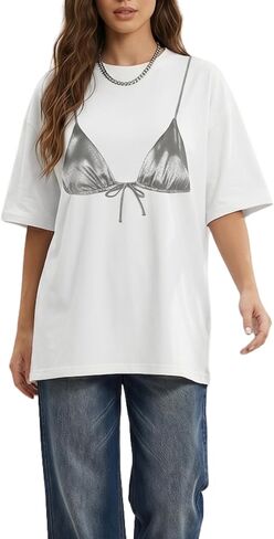 Bikini Print T Shirt for Women Funny Graphic Oversized Y2K Tops Crewneck Casual Tees Streetwear Summer 2026 in Saudi Arabia