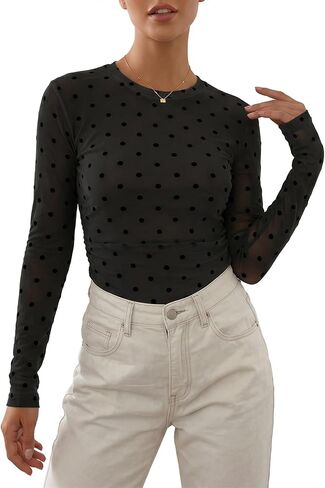 Women's Polka Dot Top Sheer Mesh Long Sleeve Shirt Crew Neck Slim Fit Y2K Night Out Outfits Daily Streetwear Tee in Saudi Arabia
