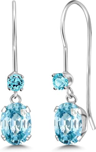 Gem Stone King 14K White Gold Blue Zircon and Swiss Blue Topaz French Wire Dangle Earrings For Women (1.66 Cttw, Gemstone December Birthstone, Oval 6X4MM and Round 2.5MM) in Kuwait