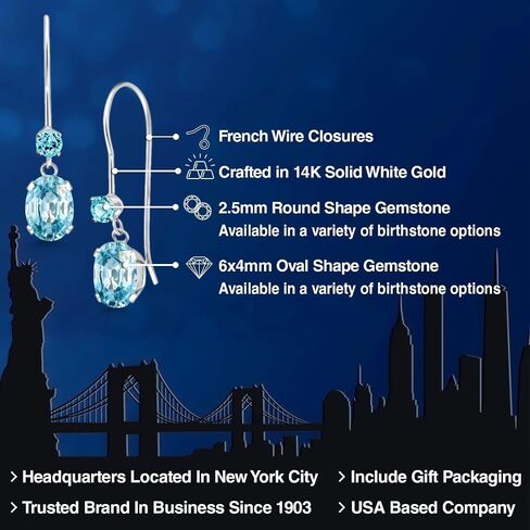 Gem Stone King 14K White Gold Blue Zircon and Swiss Blue Topaz French Wire Dangle Earrings For Women (1.66 Cttw, Gemstone December Birthstone, Oval 6X4MM and Round 2.5MM) in Kuwait