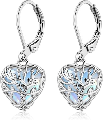 Tree of Life Heart Moonstone Silver Filigree Leverback Earrings Dangle and Drop Statement Earrings for Women Handmade Jewelry in Kuwait