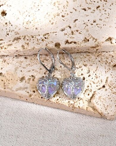 Tree of Life Heart Moonstone Silver Filigree Leverback Earrings Dangle and Drop Statement Earrings for Women Handmade Jewelry in Kuwait