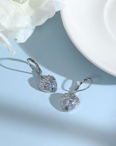 Tree of Life Heart Moonstone Silver Filigree Leverback Earrings Dangle and Drop Statement Earrings for Women Handmade Jewelry in Kuwait