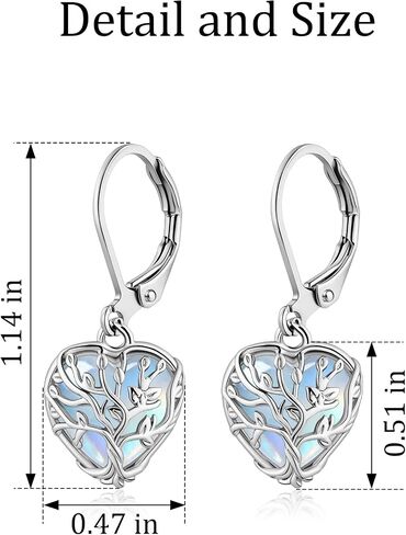 Tree of Life Heart Moonstone Silver Filigree Leverback Earrings Dangle and Drop Statement Earrings for Women Handmade Jewelry in Kuwait