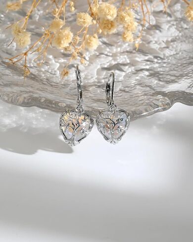 Tree of Life Heart Moonstone Silver Filigree Leverback Earrings Dangle and Drop Statement Earrings for Women Handmade Jewelry in Kuwait
