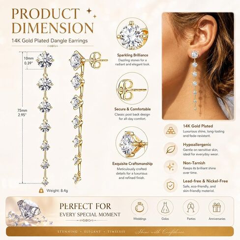 NOKMIT 14K Gold Plated CZ Drop Earrings for Women,Long Hanging Sparkling Cubic Zirconia Dangle Earrings,Hypoallergenic Jewelry for Party Wedding Anniversary in Saudi Arabia