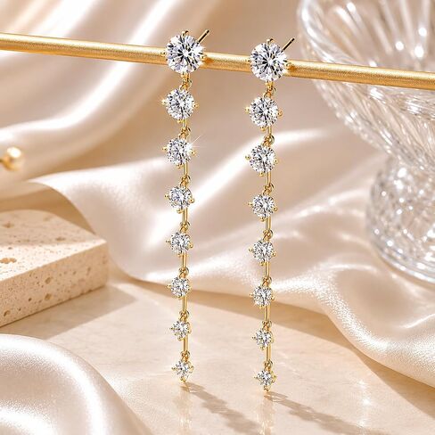 NOKMIT 14K Gold Plated CZ Drop Earrings for Women,Long Hanging Sparkling Cubic Zirconia Dangle Earrings,Hypoallergenic Jewelry for Party Wedding Anniversary in Saudi Arabia