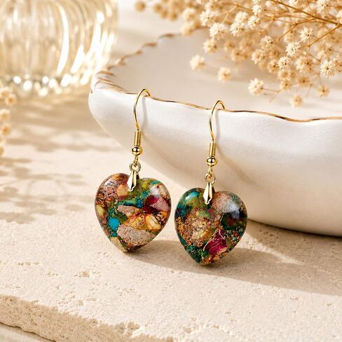 Boho Heart Earrings for Women Natural Healing Stone Fishhoop Dangle Drop Earrings Statement Gold Plated Earrings Gift for Mom Wife Vacation & Gifts in Saudi Arabia
