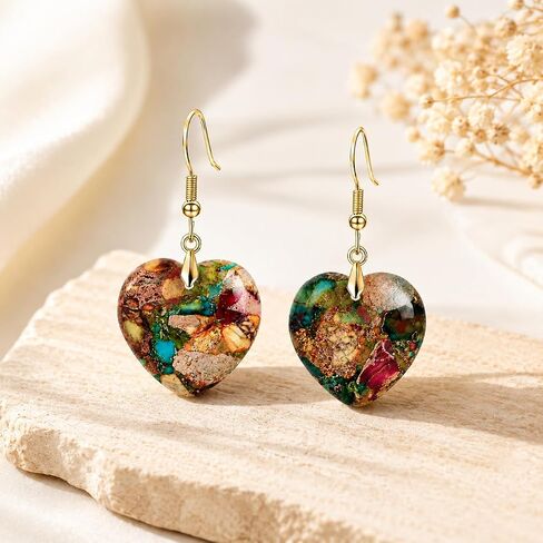 Boho Heart Earrings for Women Natural Healing Stone Fishhoop Dangle Drop Earrings Statement Gold Plated Earrings Gift for Mom Wife Vacation & Gifts in Saudi Arabia