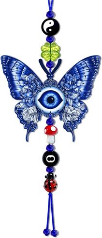 Evil Eye Car Hanging Ornament, Good Lucky Days Charm, 8 Ball Mushroom Four-Leaf Clover Ladybug Yin Yang Symbol Pendant for Car Rear View Mirror, Cute Boho Decor Accessories (Evil Eye) in Saudi Arabia