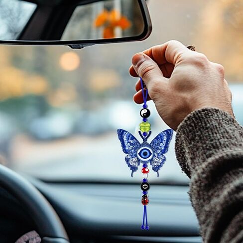 Evil Eye Car Hanging Ornament, Good Lucky Days Charm, 8 Ball Mushroom Four-Leaf Clover Ladybug Yin Yang Symbol Pendant for Car Rear View Mirror, Cute Boho Decor Accessories (Evil Eye) in Saudi Arabia