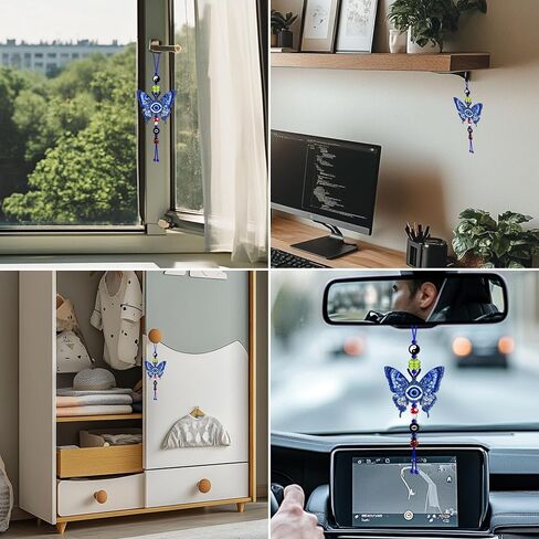Evil Eye Car Hanging Ornament, Good Lucky Days Charm, 8 Ball Mushroom Four-Leaf Clover Ladybug Yin Yang Symbol Pendant for Car Rear View Mirror, Cute Boho Decor Accessories (Evil Eye) in Saudi Arabia