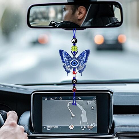 Evil Eye Car Hanging Ornament, Good Lucky Days Charm, 8 Ball Mushroom Four-Leaf Clover Ladybug Yin Yang Symbol Pendant for Car Rear View Mirror, Cute Boho Decor Accessories (Evil Eye) in Saudi Arabia