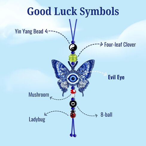 Evil Eye Car Hanging Ornament, Good Lucky Days Charm, 8 Ball Mushroom Four-Leaf Clover Ladybug Yin Yang Symbol Pendant for Car Rear View Mirror, Cute Boho Decor Accessories (Evil Eye) in Saudi Arabia