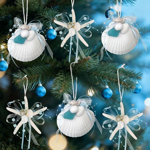 Beach Seashell Starfish Christmas Ornaments 6PCS Handmade Natural Sea Shells & Starfish for Crafts, Christmas Decorations, Coastal Beach Nautical Hanging Ornaments in Saudi Arabia