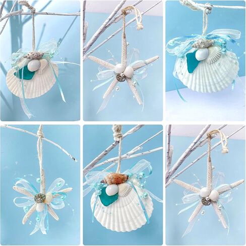 Beach Seashell Starfish Christmas Ornaments 6PCS Handmade Natural Sea Shells & Starfish for Crafts, Christmas Decorations, Coastal Beach Nautical Hanging Ornaments in Saudi Arabia