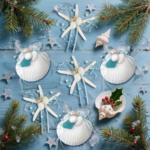 Beach Seashell Starfish Christmas Ornaments 6PCS Handmade Natural Sea Shells & Starfish for Crafts, Christmas Decorations, Coastal Beach Nautical Hanging Ornaments in Saudi Arabia