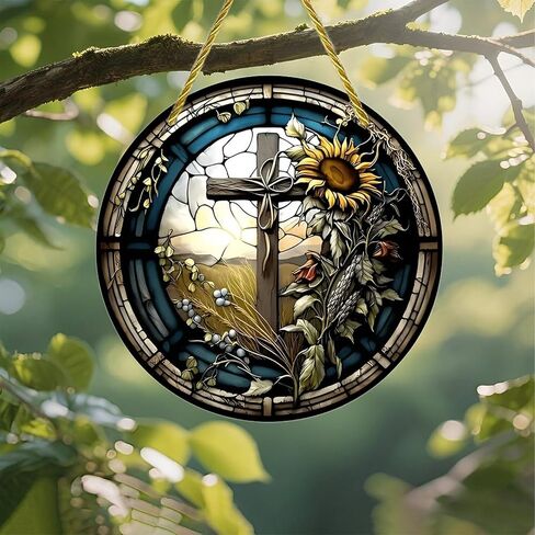 Colorful Acrylic Suncatcher, Stained Glass Cross Sunflower Window 7-inch Hanging Window Wall Art Decor with Printed Stained Glass Style Design, Gift Idea & Garden Ornament Indoor Outdoor Use in Kuwait